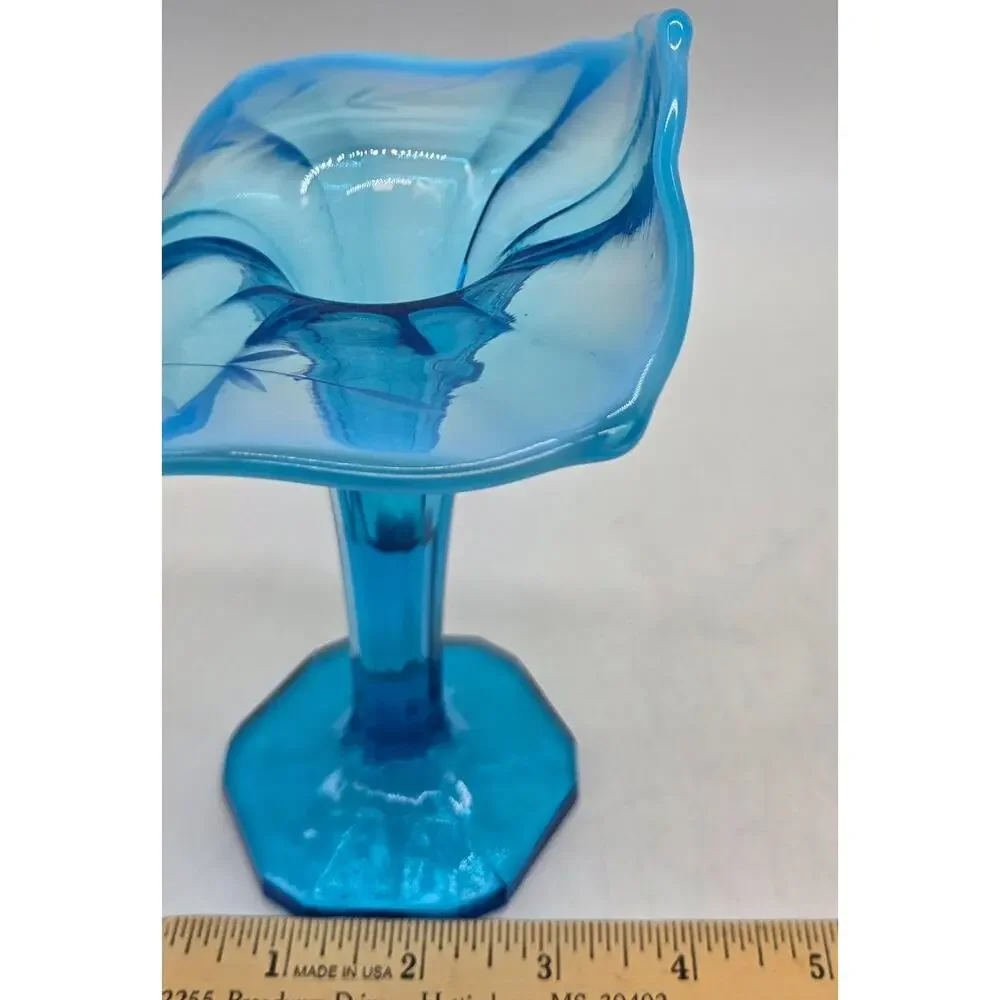 DUGAN GLASS BLUE OPAL WHEEL CUT JIP VASE FLORAL WITH LEAF CUTTING